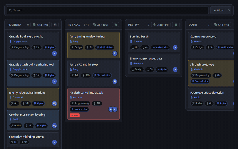 A task is dragged into Review while a teammate's task moves to Done on its own, then the board is filtered to Programming.